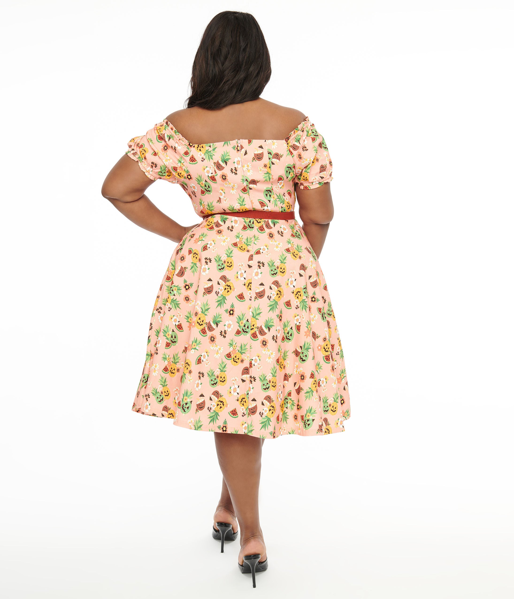 Unique Vintage 1950s Pink Jack-O-Lantern Fruit Ohara Swing Dress, Pink Jackolantern Fruit / Peach, alternate image number 2