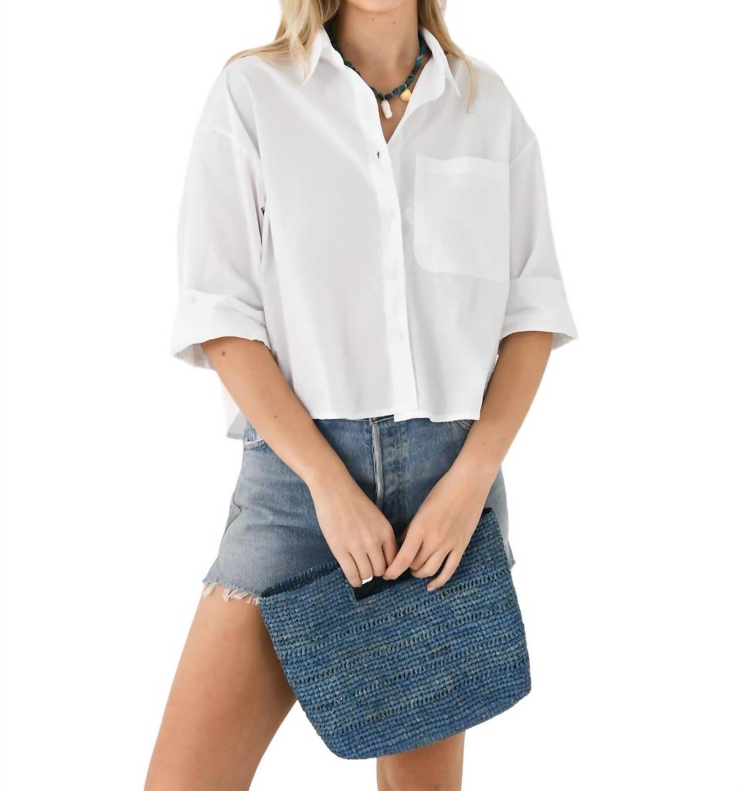 AURA CROPPED BUTTON-DOWN BLOUSE, White / White, hi-res image number 0