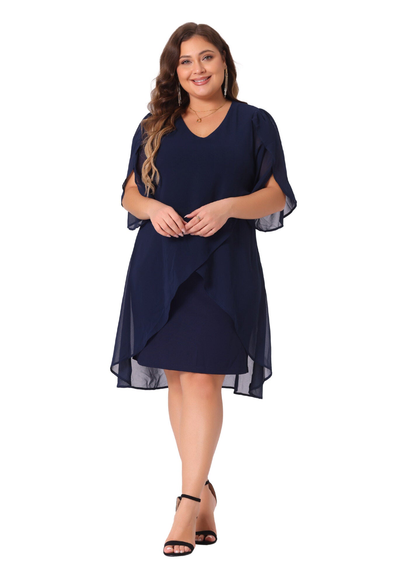 Mesh Wedding Guest Party Chiffon Cocktail Overlay Short Dress, Navy Blue / Forest Green, hi-res image number 0