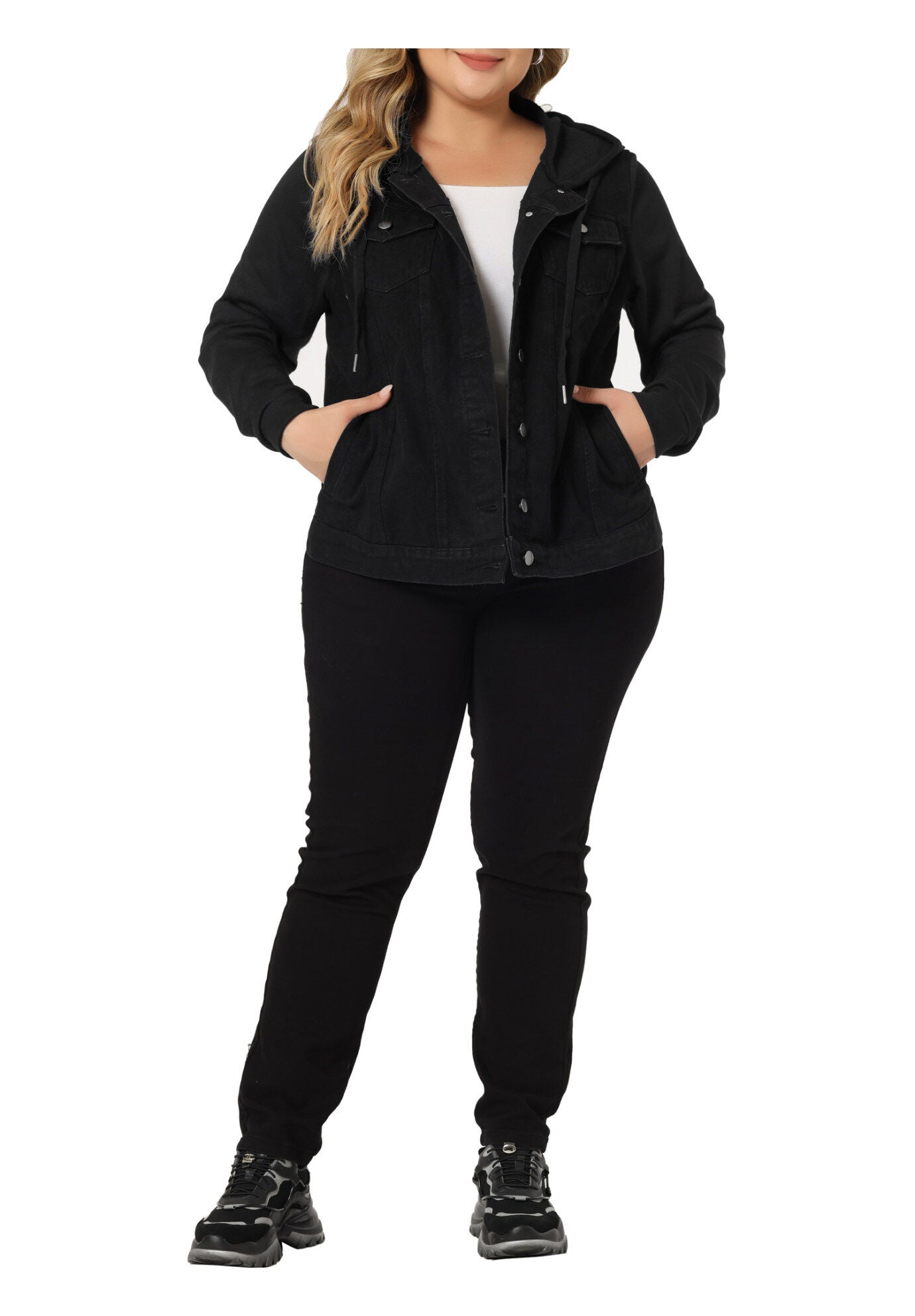 LAYERED DRAWSTRING HOODIE DENIM JEAN JACKET, Dark Black / Black, alternate image number 1