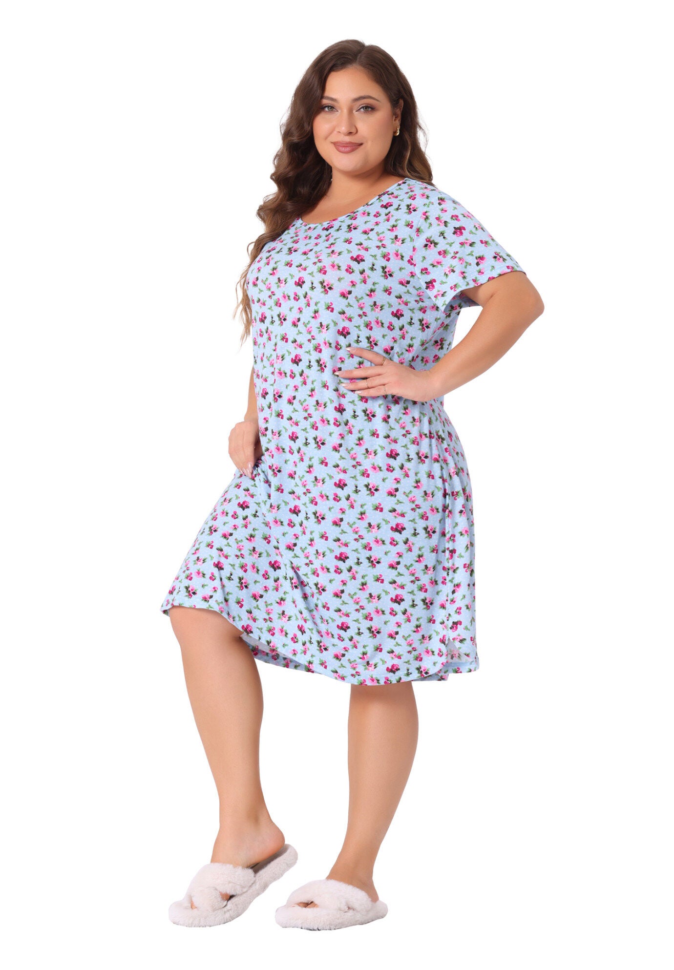 Short Sleeve Lightweight Pajama Dress, Light Blue / Light Blue, hi-res image number 0