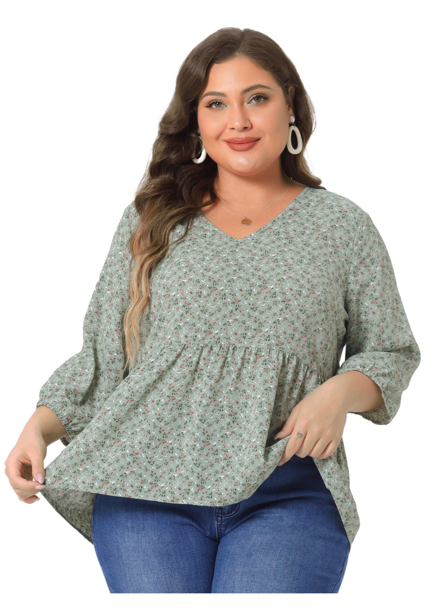 V Neck Babydoll Flowy 3/4 Lantern Sleeve Floral Blouse, Green / Sage Green, alternate image number 1