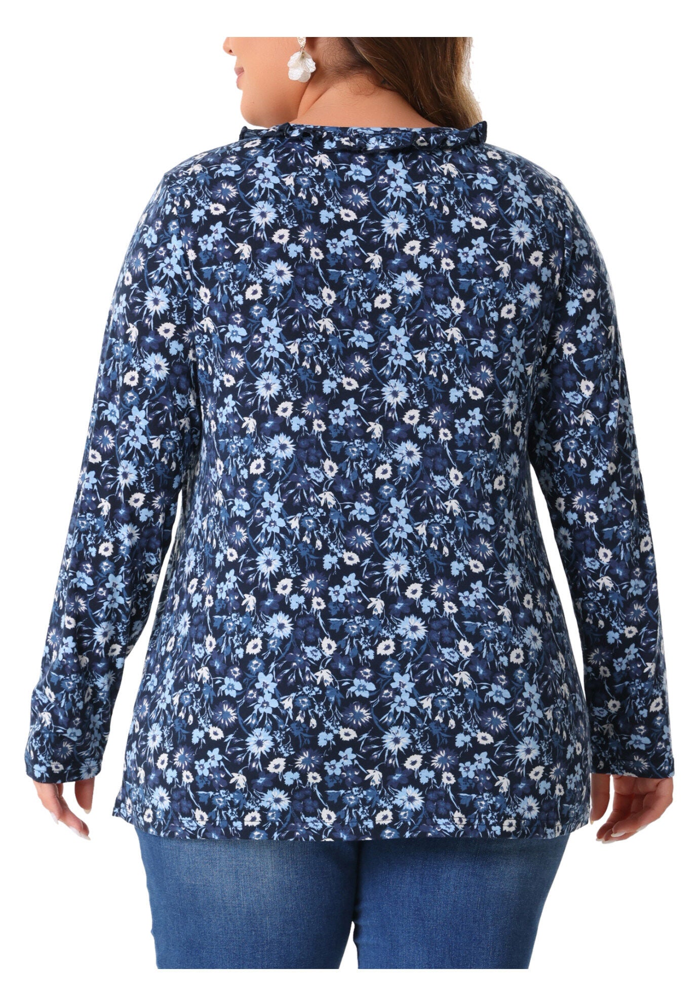 Floral V Neck Long Sleeve Ruffle Tunic Blouse Top, Navy Blue / Navy, alternate image number 3