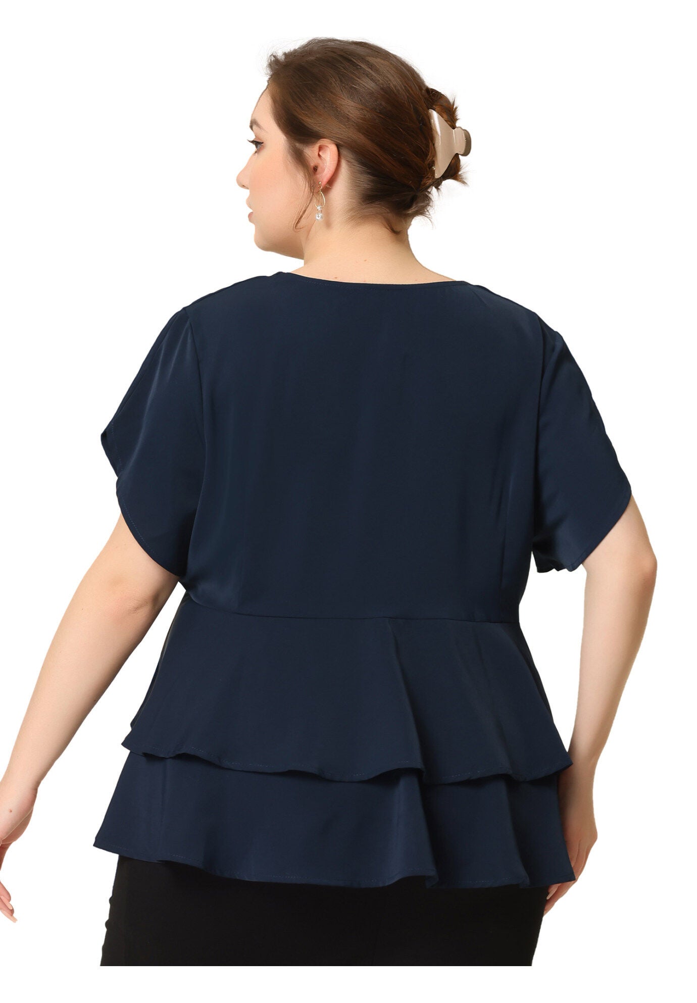 Work V Neck Ruffle Hem Buttons Front Peplum Top, Navy Blue / Navy, alternate image number 3