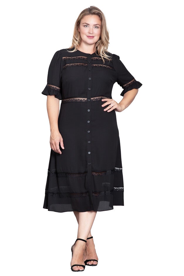Lace Detailing Trim Dress, Black / Black, alternate image number 3