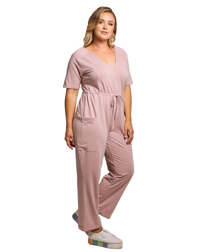 Wendy Plus Size French Terry Short Sleeve Sweat Lounge Jumpsuit, Mauve / Mauve, alternate image number 1
