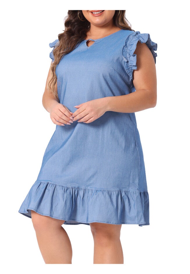 Summer Ruffle Hem Flared Short Sleeve V Neck Chambray Dress, Light Blue / Light Blue, alternate image number 2