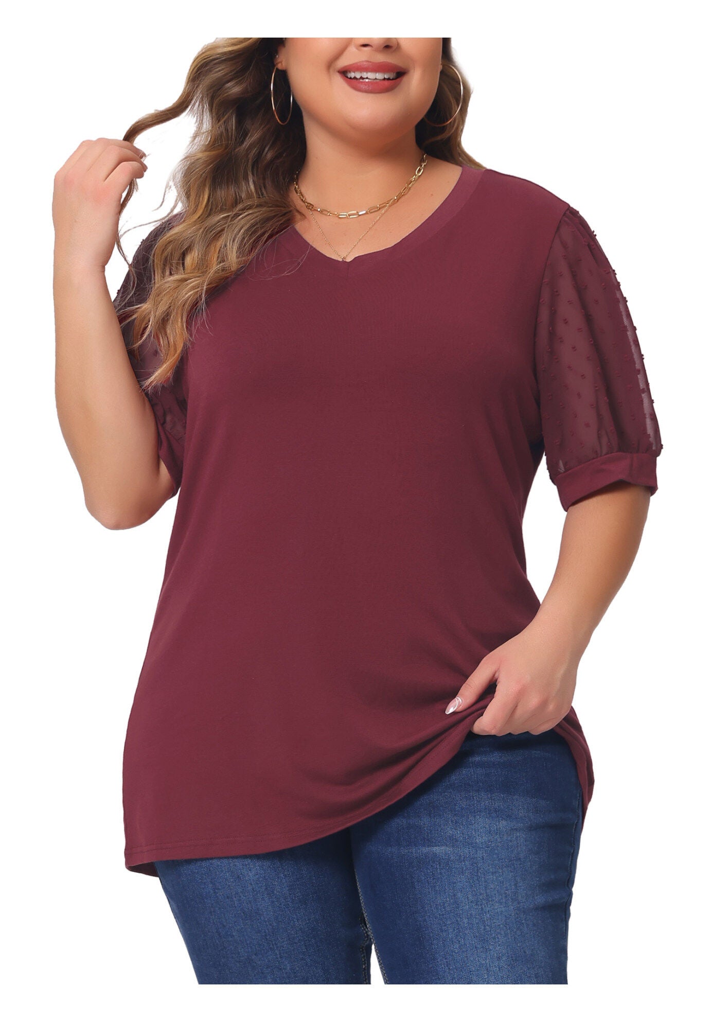 V Neck Swiss Dots Puff Sleeve Loose Top, Red / Red, alternate image number 2