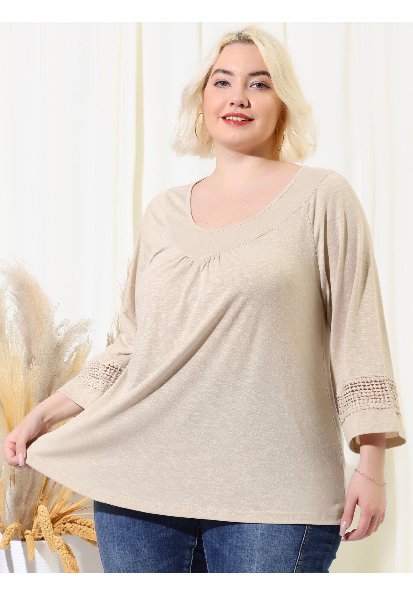 CROCHET PANEL HOLLOW OUT PLEATED TUNICS BLOUSE TOP, Apricot / Beige, alternate image number 1