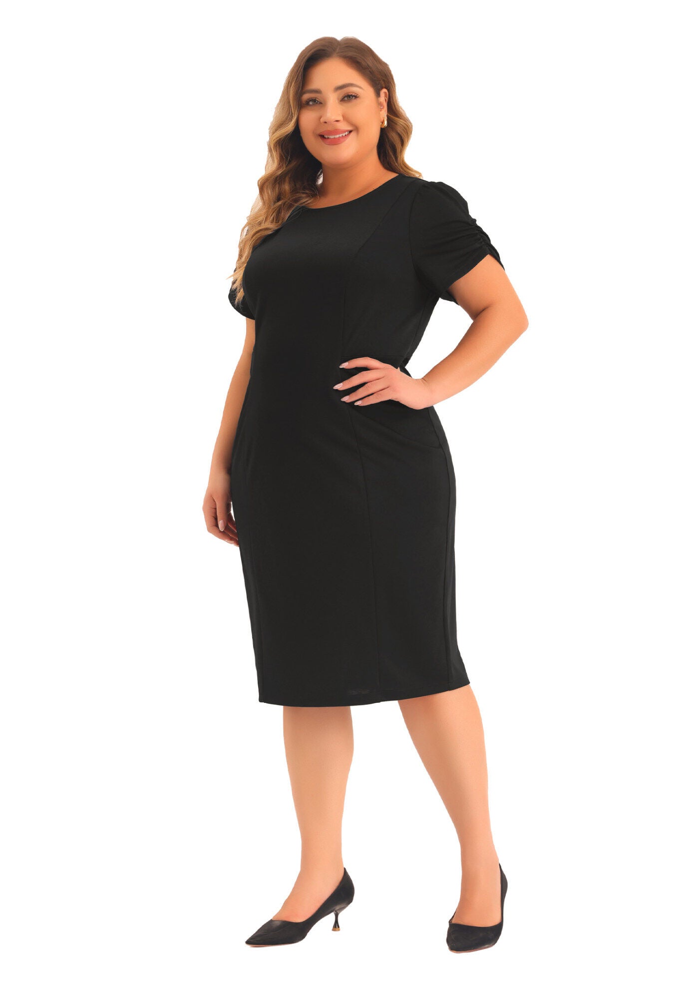 Short Sleeve Above the Knee Sheath Dress, Black / Black, hi-res image number 0