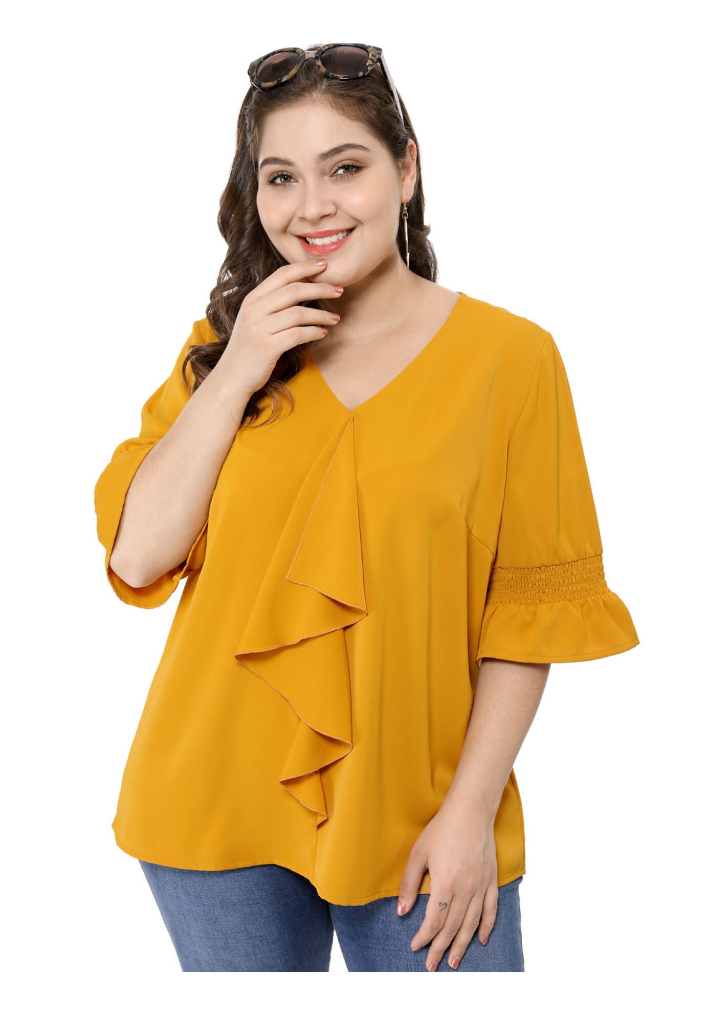 Ruffle Blouse V Neck Smocked Sleeves Top, Yellow / Yellow, hi-res image number 0