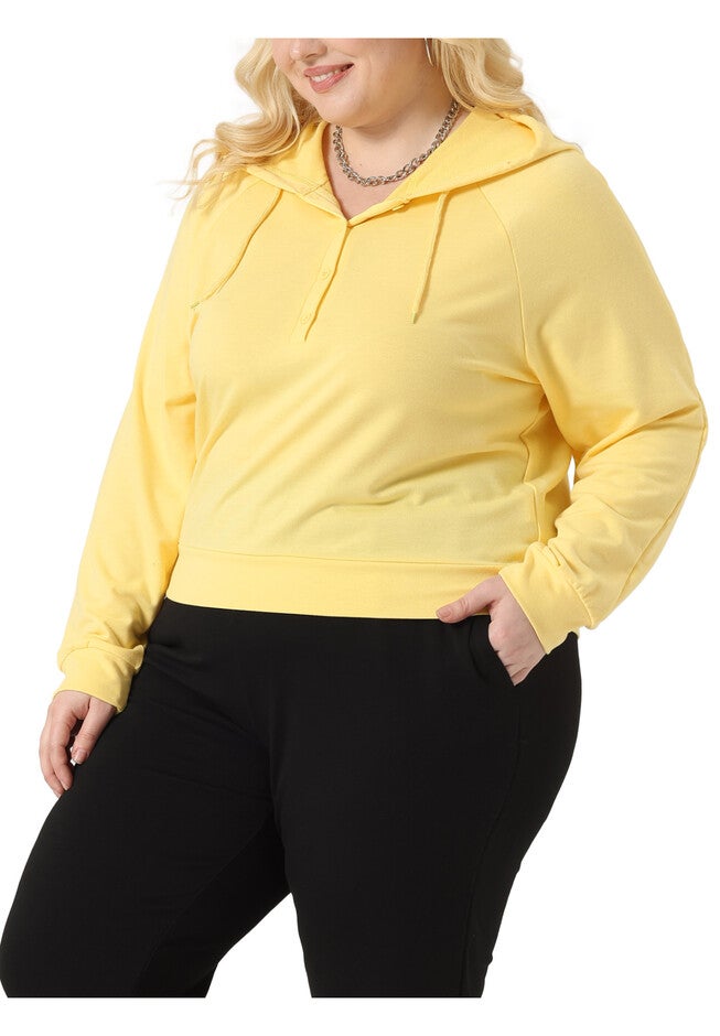 Button Collar Drawstring Hoodies Pullover Sweatshirt Top, Yellow / Light Yellow, alternate image number null