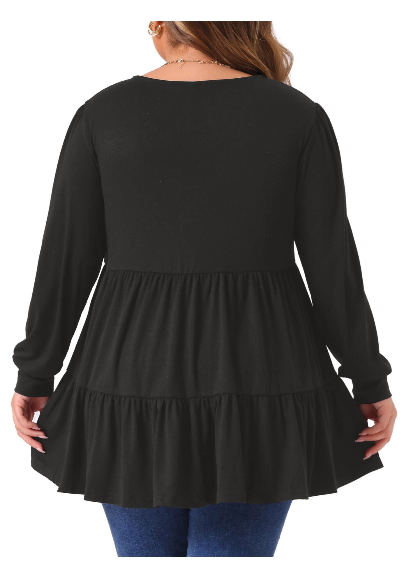V Neck Long Sleeve Button Up Peplum Tunic Babydoll Top, Black / Black, alternate image number 3