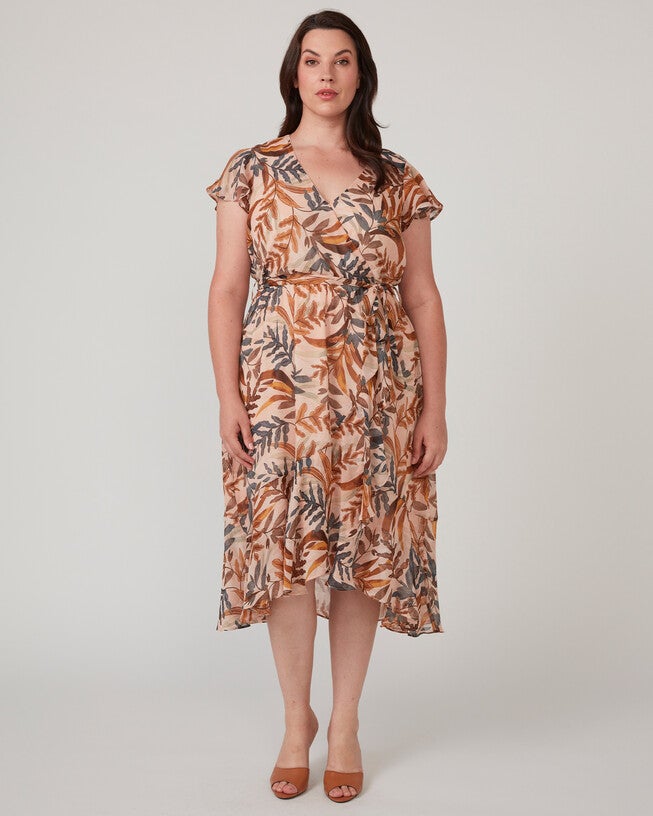 Tropic Leaves Pink Floral Wrap Midi Dress, Print / Pink, hi-res image number 0