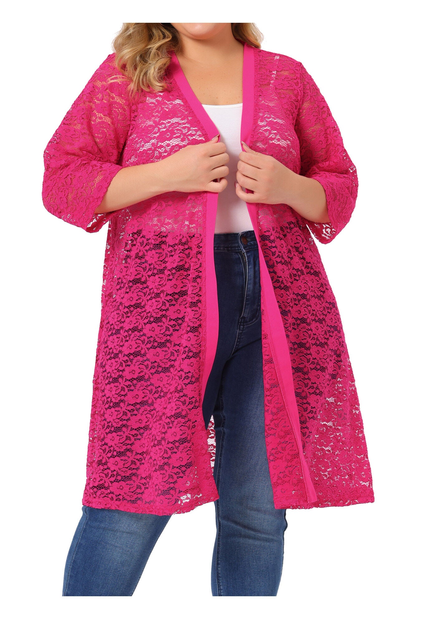LACE CROCHET 3/4 SLEEVE COVER UP CARDIGAN, Hot Pink / Pink, alternate image number 1