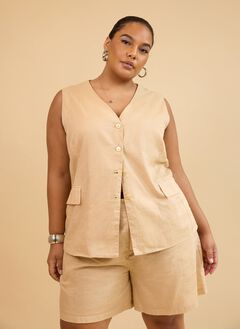 SIOBHAN LINEN BUTTON VEST - BEIGE