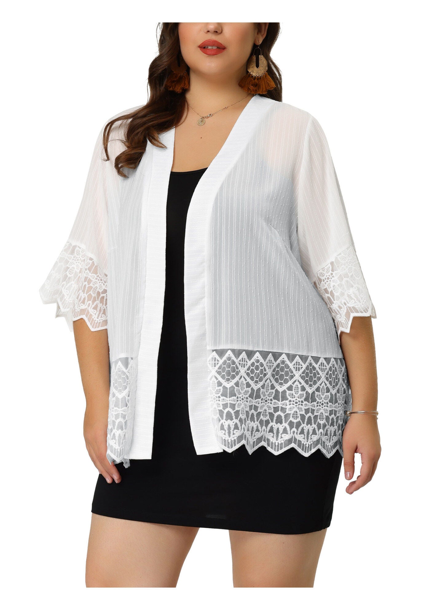 LACE SHRUG 1/2 SLEEVE BIKINI COVER KIMONO CARDIGAN, White / White, alternate image number 1