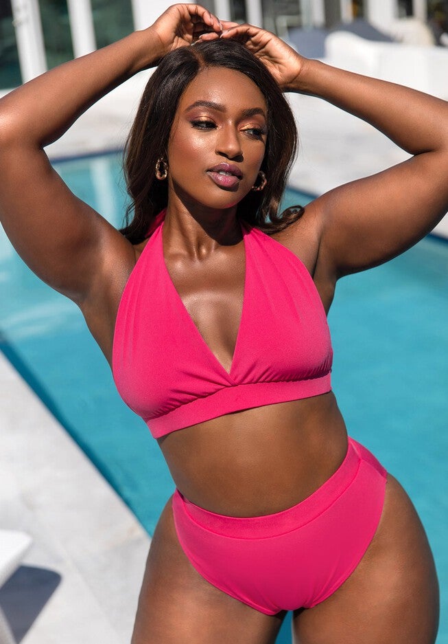 Essential Full Coverage Halter Swim Top, Fuchsia / Deep Fuchsia, alternate image number 2