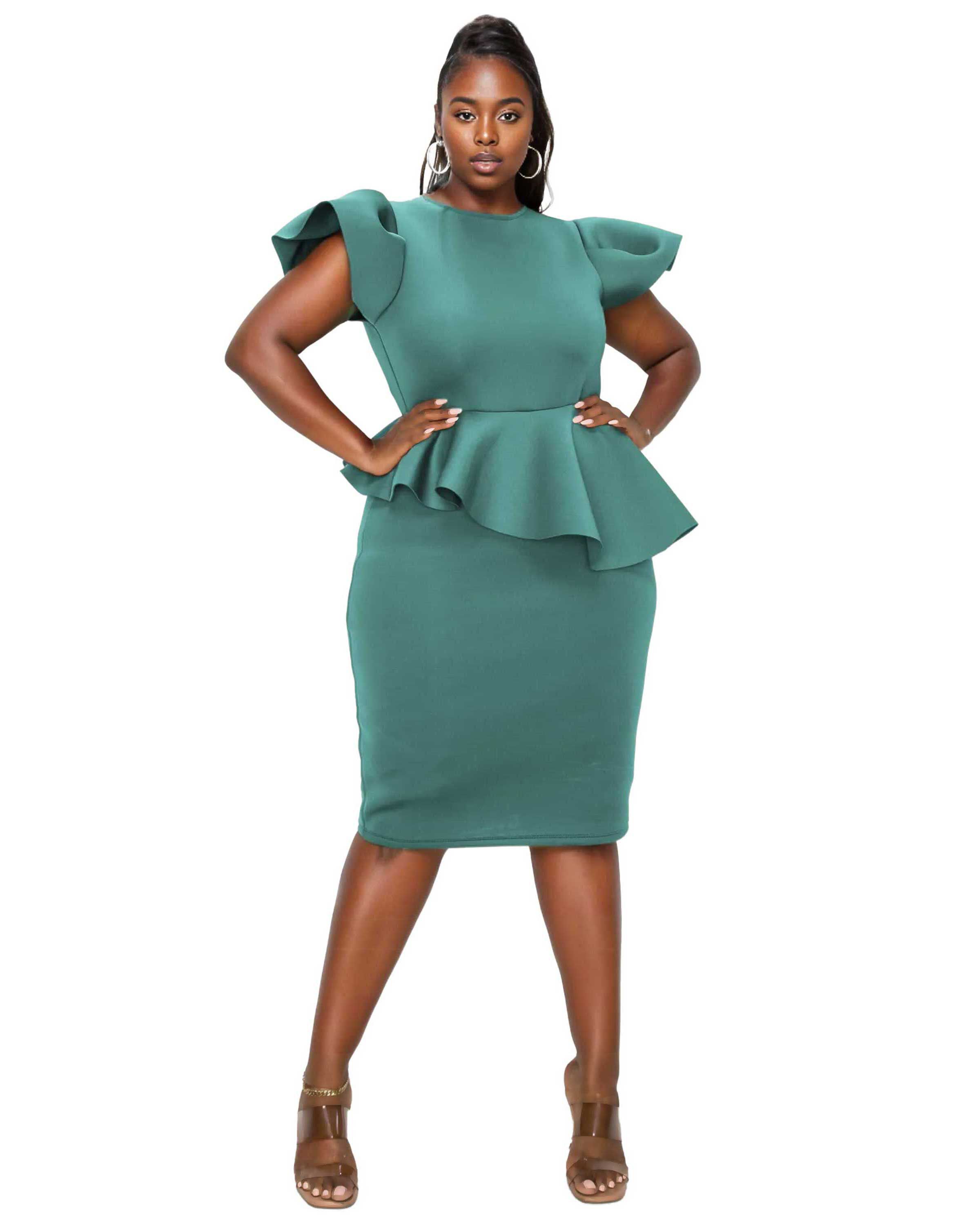 Calista Neoprene Peplum Dress, Jade Dk / Quetzal Green, hi-res image number 0