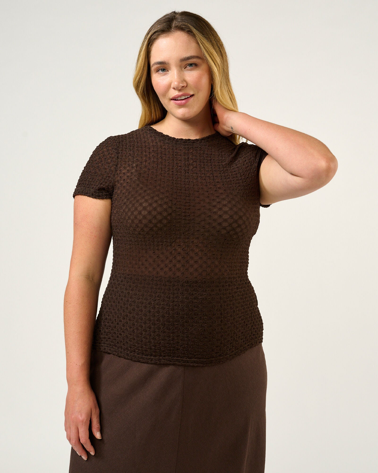 Naomi Sheer Textured Mesh Short Sleeve Top, Espresso / Brown, hi-res image number 0