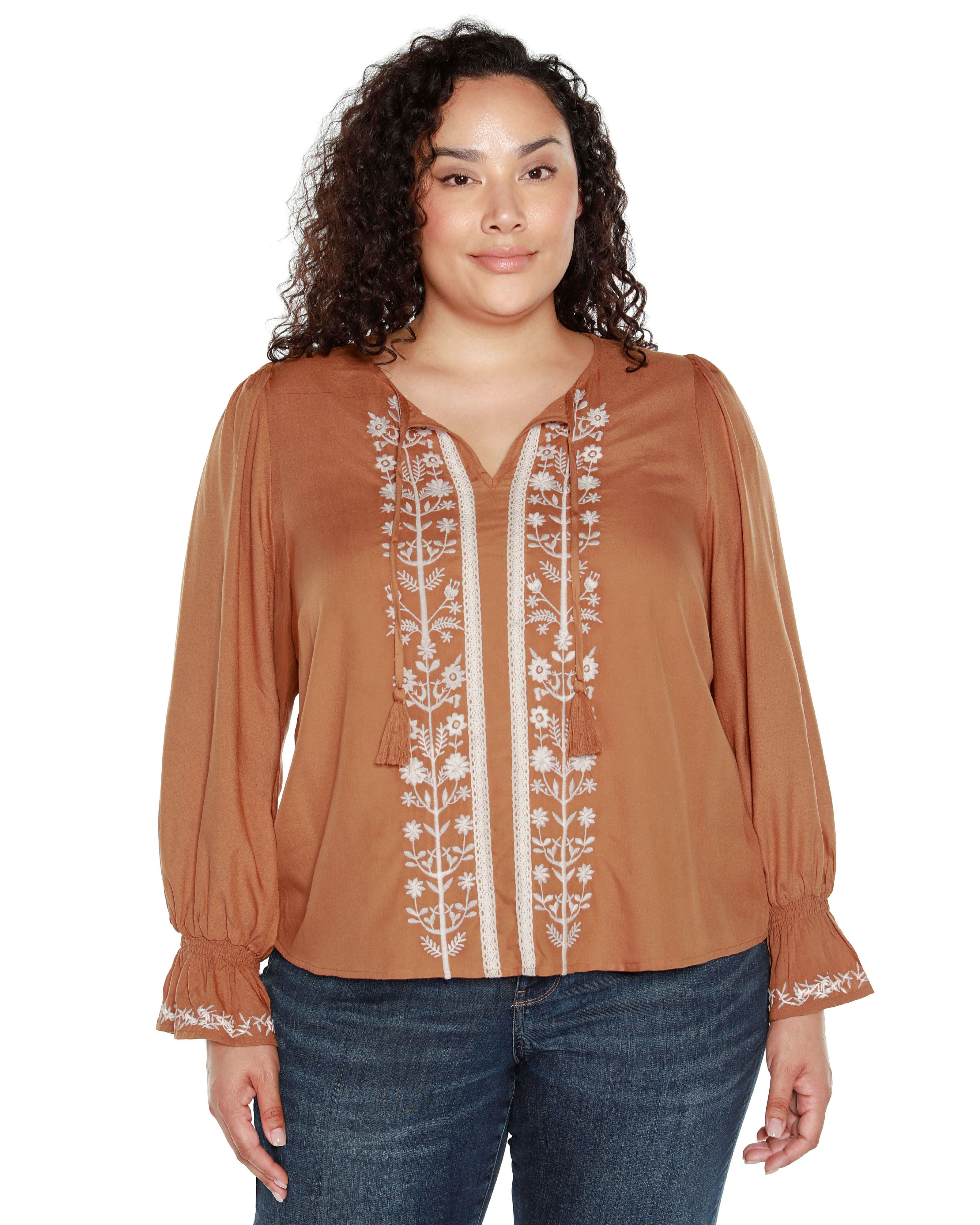 TIE-NECK EMBROIDERED-FRONT BLOUSE, Iced Latte / Brown, hi-res image number 0