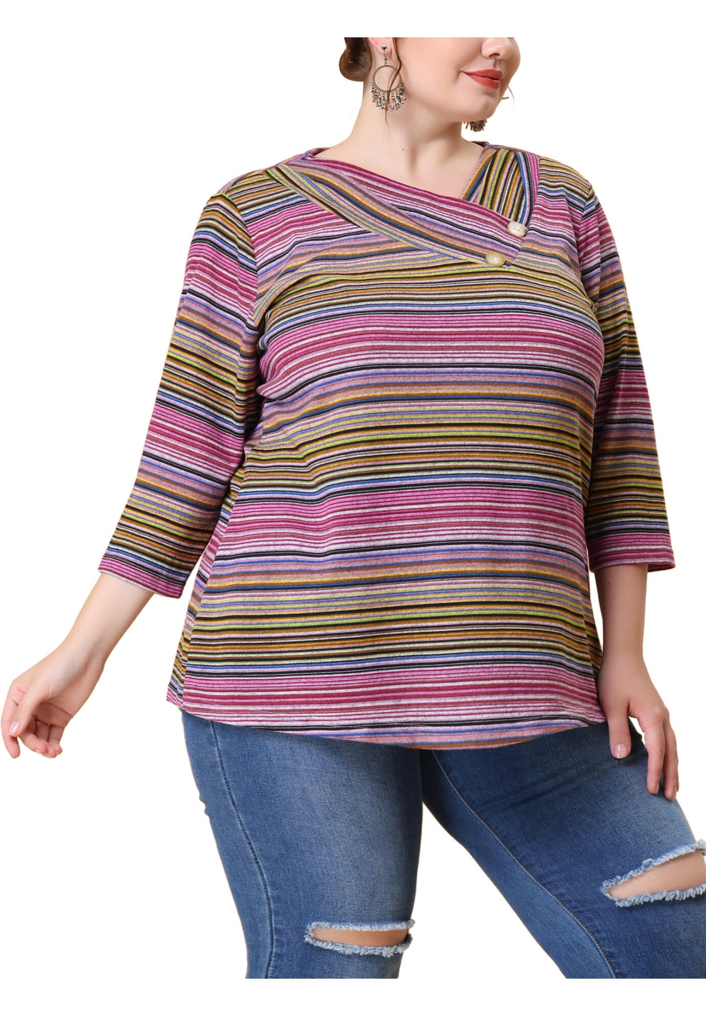 Stripe 3/4 Sleeve Tunic V Neck Knit Blouse, Purple / Purple, alternate image number 2
