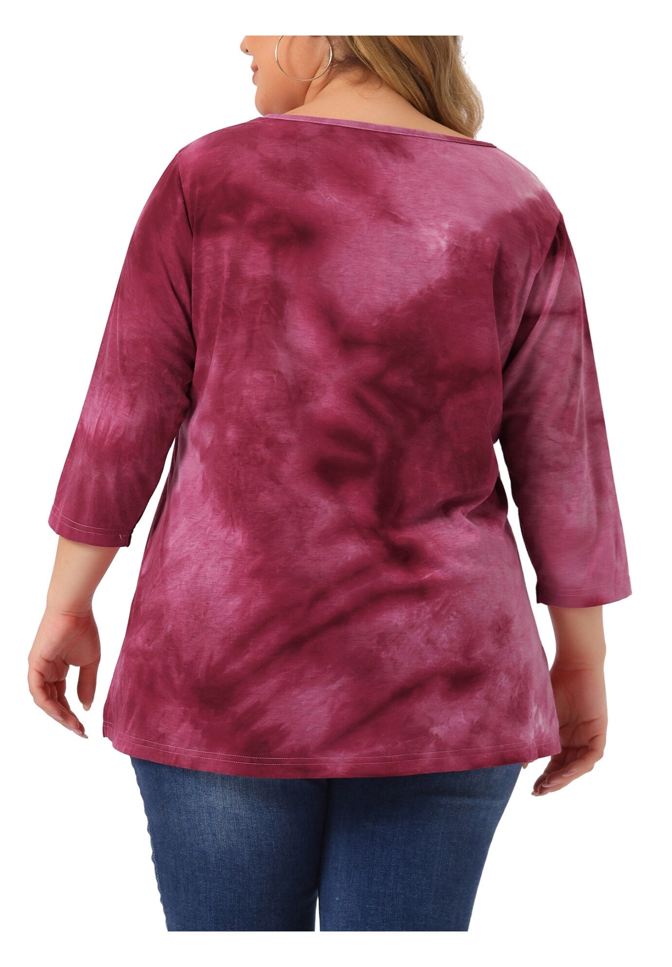 V Neck 3/4 Sleeve Loose Casual Striped Tie Dye Print T-Shirt Top, Hot Pink / Deep Fuchsia, alternate image number 3