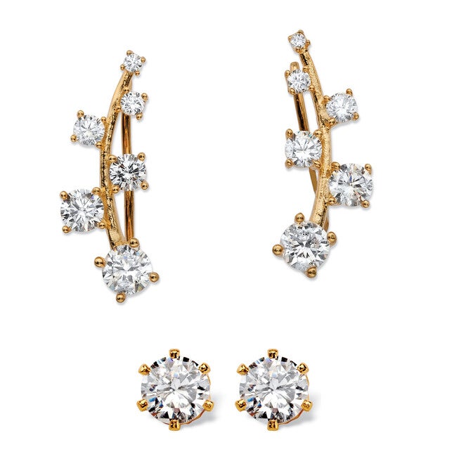 2.22 TCW CZ 14k Gold-plated Sterling Silver Ear Climber and Stud Earrings Set, White / White, hi-res image number 0