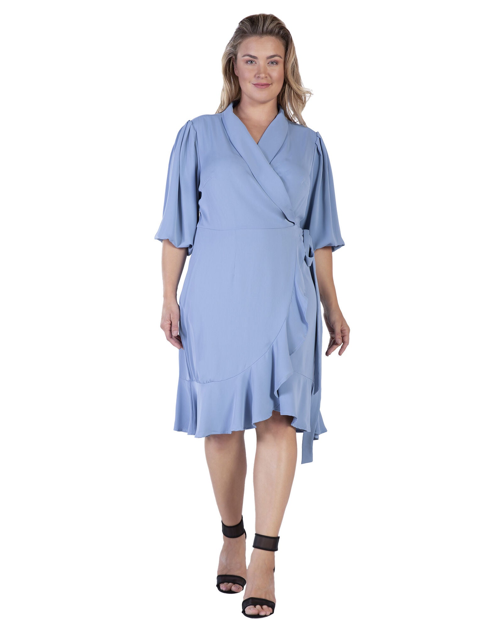 Kylie Double Georgette Dusty Pink Ruffles Wrap Midi Dress, Slate / Light Blue, alternate image number 3