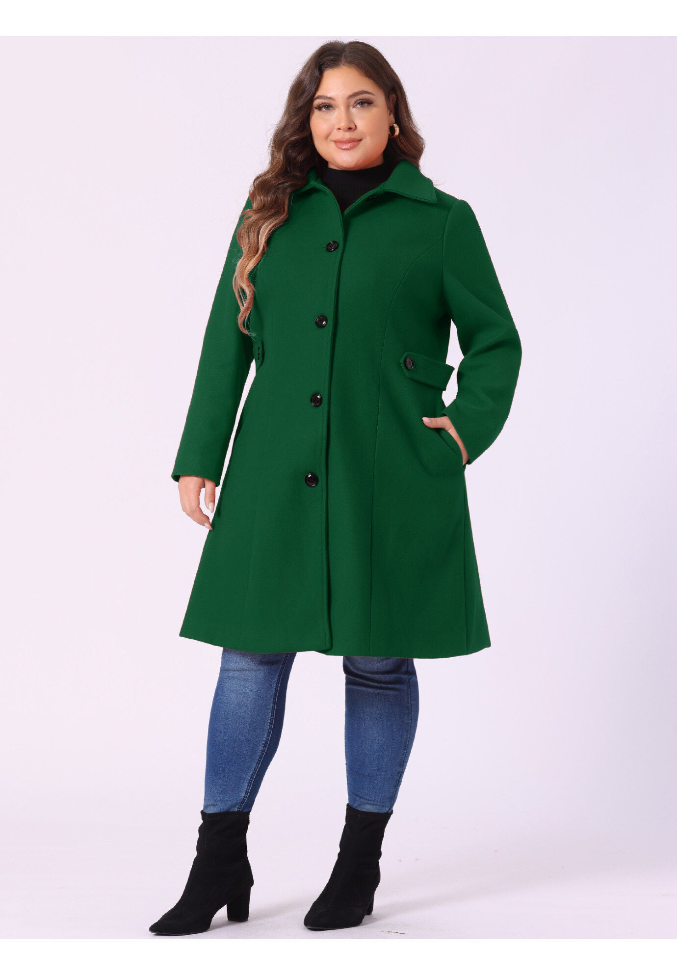 SINGLE BREASTED BELTED WINTER LONG COAT, Dark Green / Forest Green, hi-res image number 0