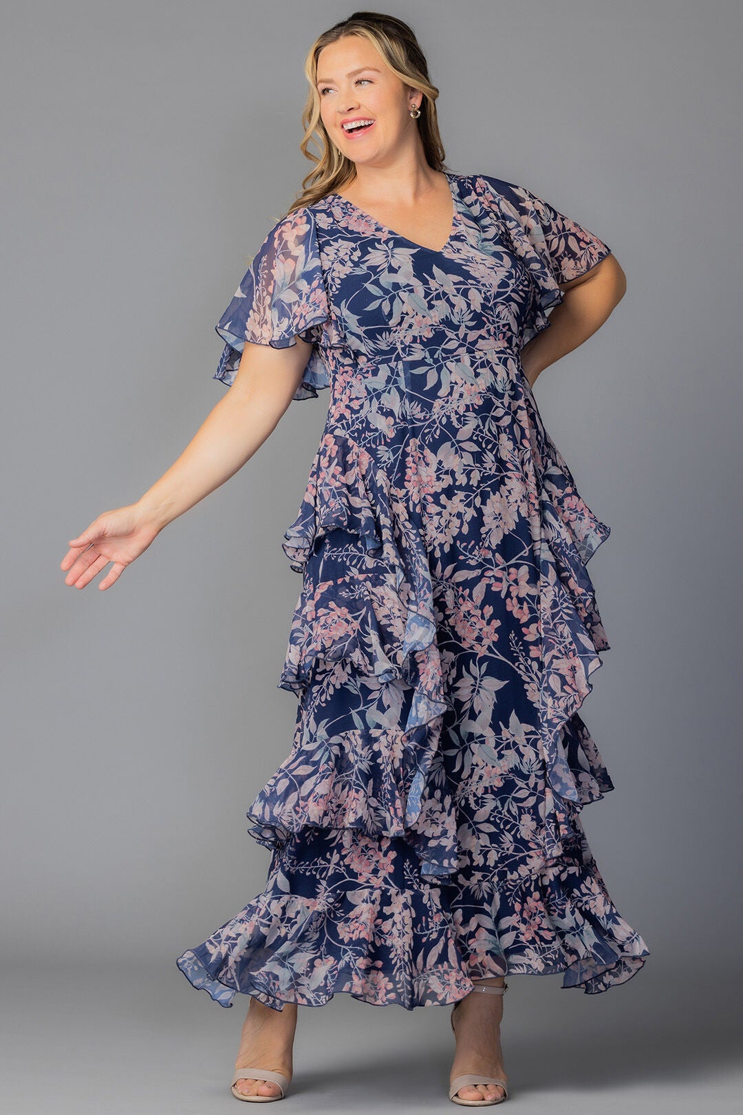 Tour de Flounce Evening Gown, Navy Wisteria Blooms / Navy, alternate image number 3