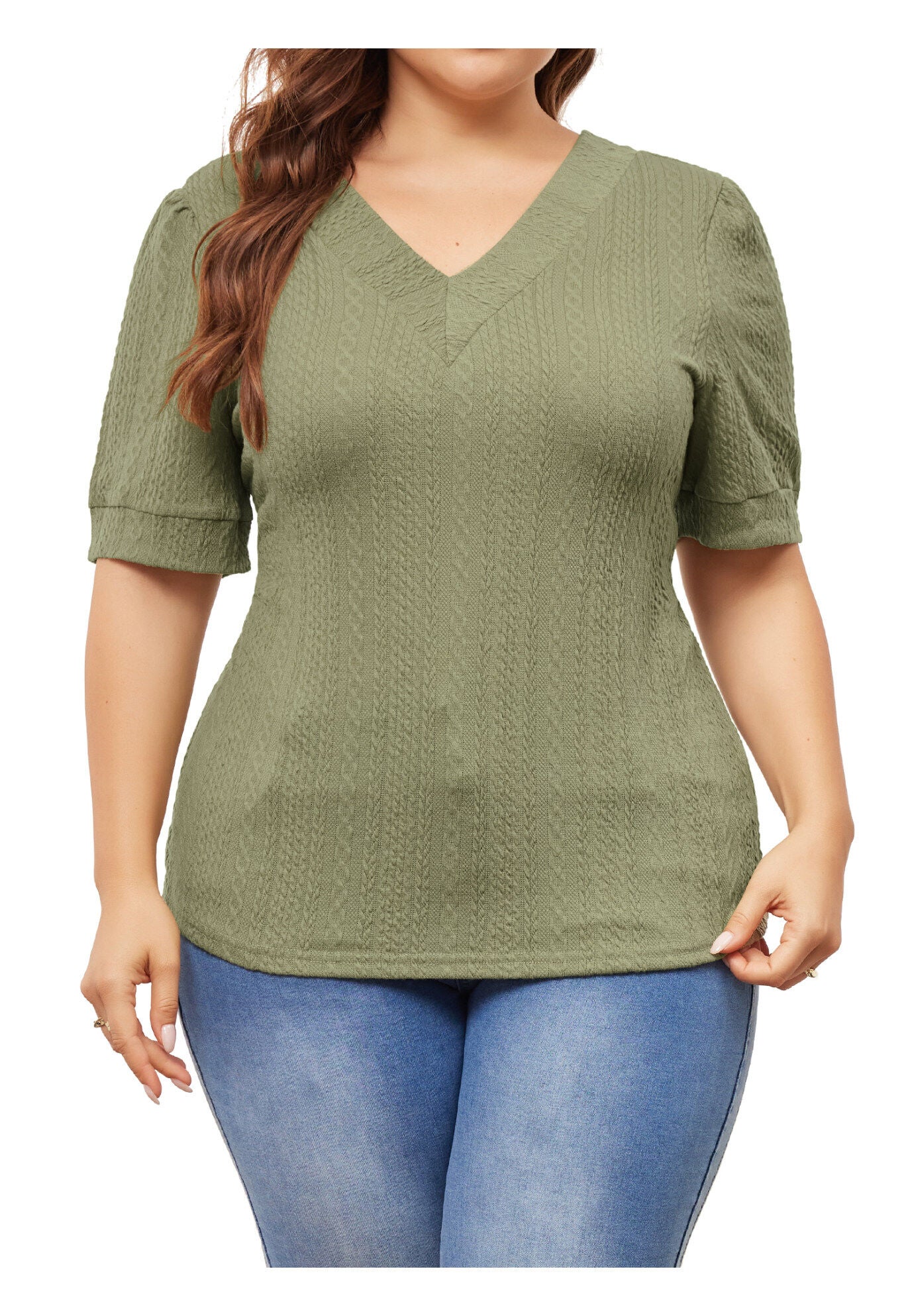 DEEP V NECK SHORT SLEEVE T-SHIRT CASUAL TOP, Grass Green / Sage Green, alternate image number 2