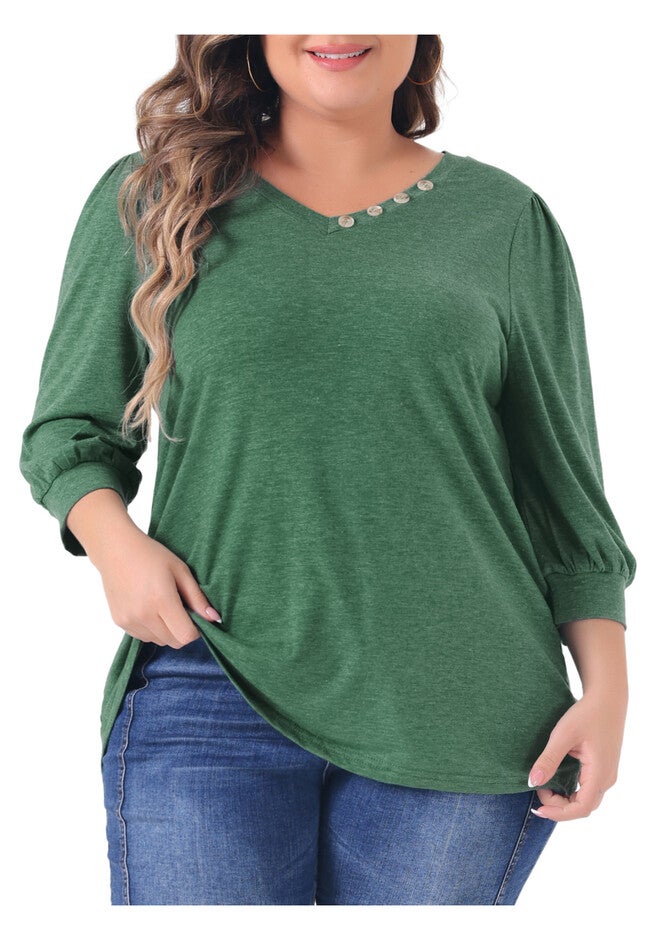 3/4 Sleeve V Neck Button Decor Blouse Shirt, Green / Kelly Green, alternate image number 2