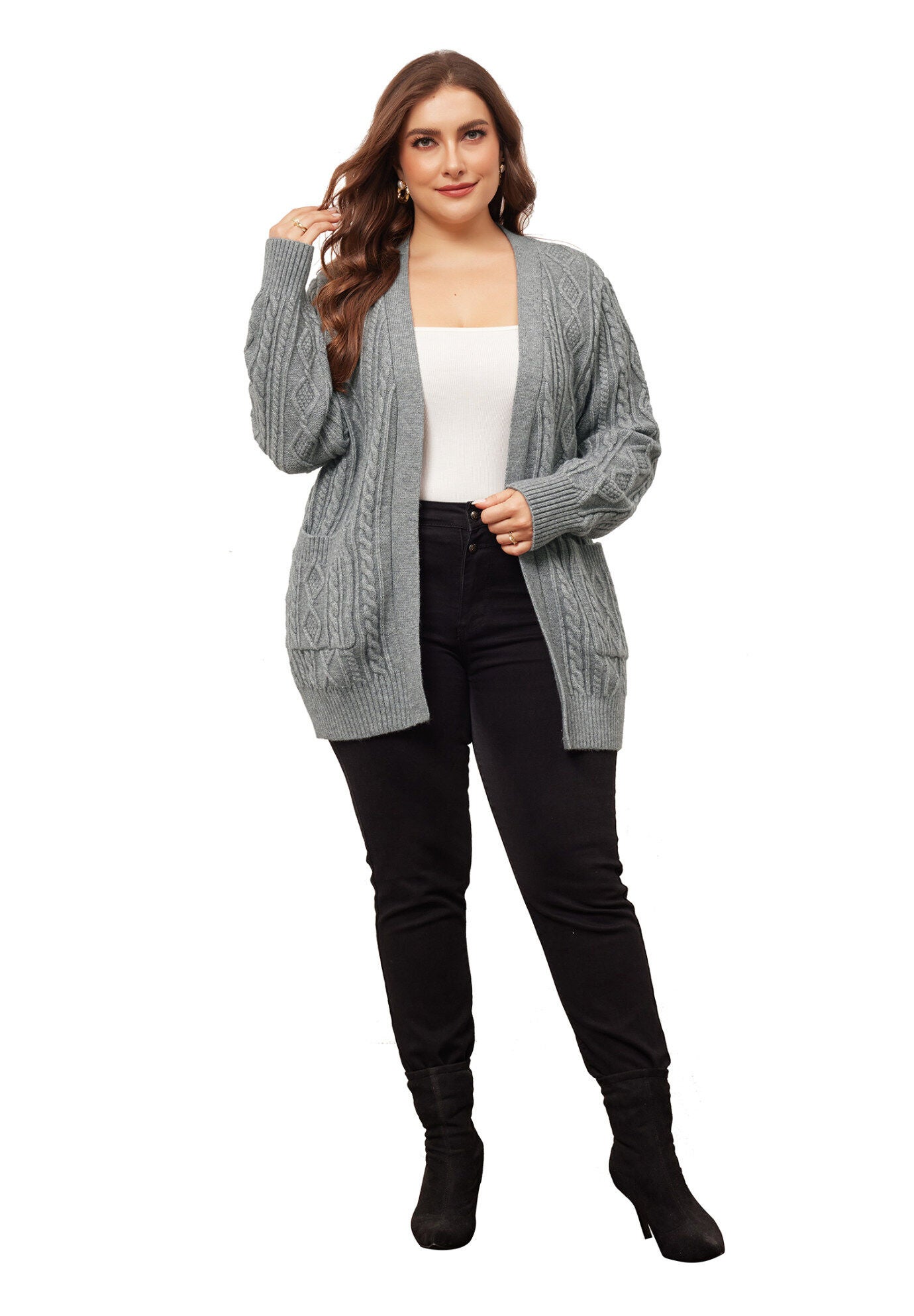 OPEN FRONT LIGHTWEIGHT SWEATER CARDIGAN WITH POCKETS, Gray / Light Grey, hi-res image number 0