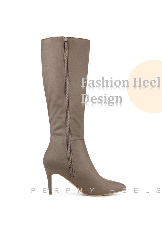 Pointed Toe Stiletto Heels Side Zip Knee High Boots, Taupe / Taupe, alternate image number 3
