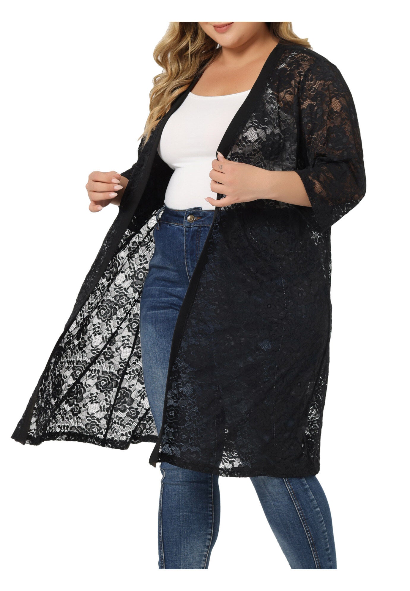 LACE CROCHET 3/4 SLEEVE COVER UP CARDIGAN, Dark Black / Black, hi-res image number 0