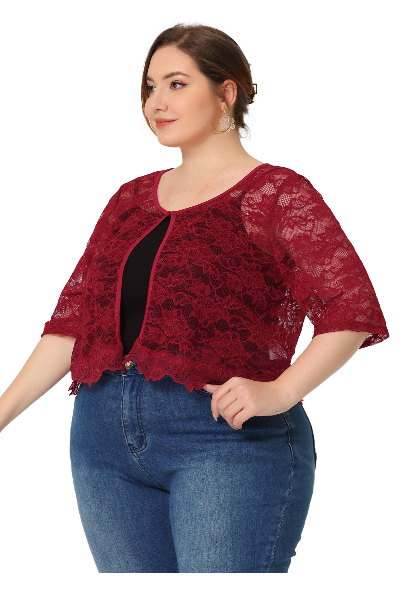 1/2 SLEEVE SHEER LACE BOLERO SHRUG, Burgundy / Red, hi-res image number 0