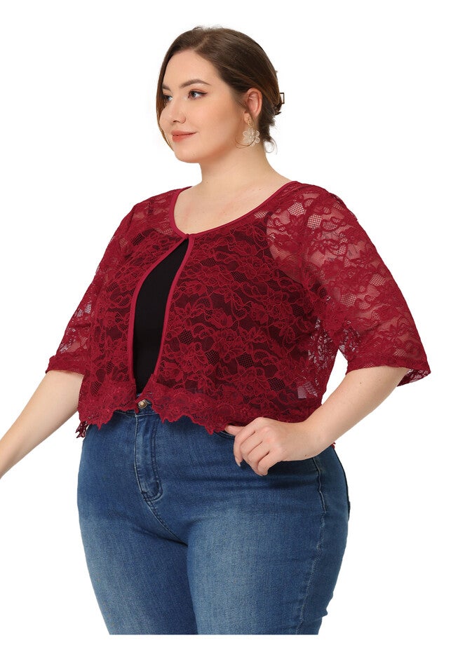 1/2 SLEEVE SHEER LACE BOLERO SHRUG, Burgundy / Red, hi-res image number 0