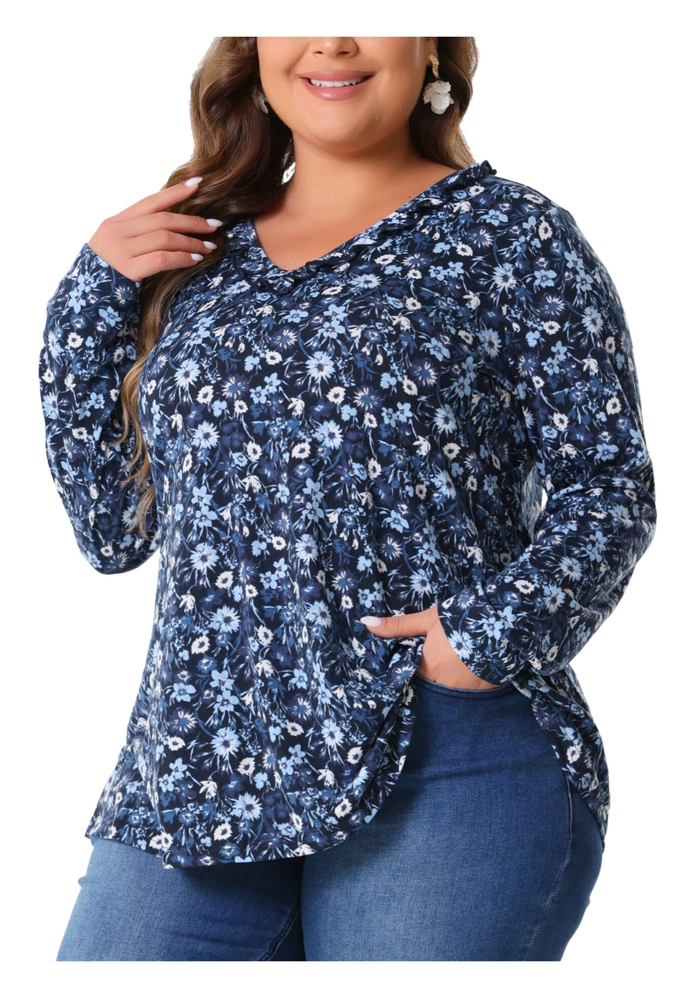 Floral V Neck Long Sleeve Ruffle Tunic Blouse Top, Navy Blue / Navy, alternate image number 1