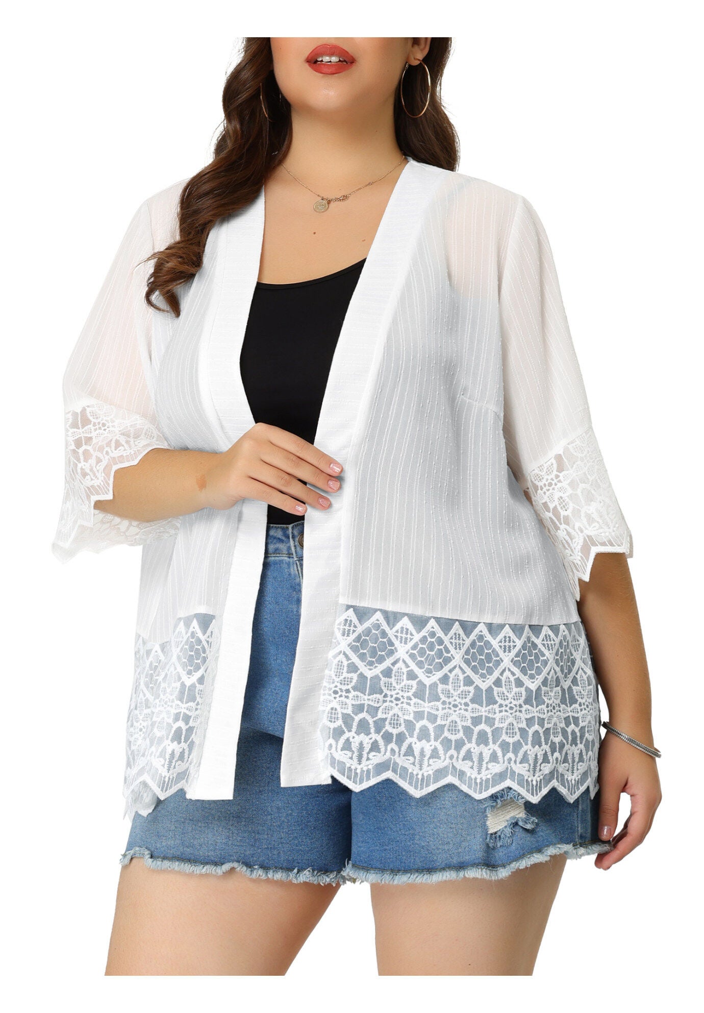 LACE SHRUG 1/2 SLEEVE BIKINI COVER KIMONO CARDIGAN, White / White, alternate image number 2