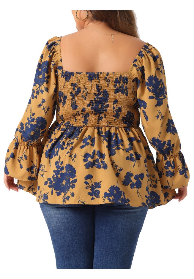 Floral Square Neck Smocked Peplum Blouses Shirts, Brown / Brown, alternate image number null