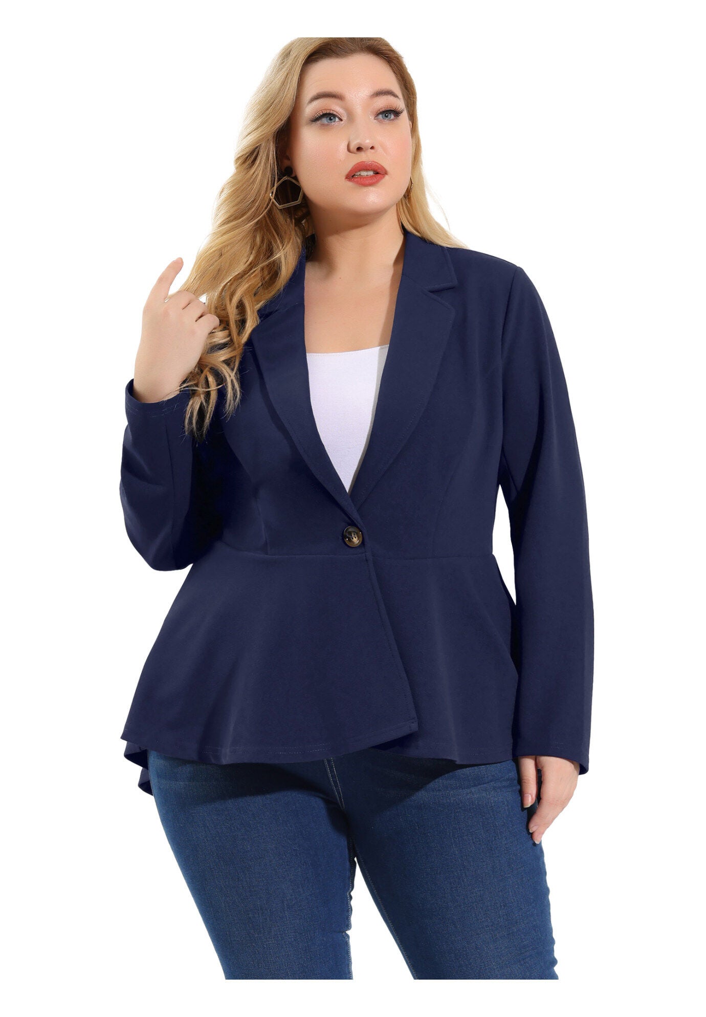 Ruffle V-Neck Button-Front Peplum Blazer, Navy Blue / Navy, alternate image number 2