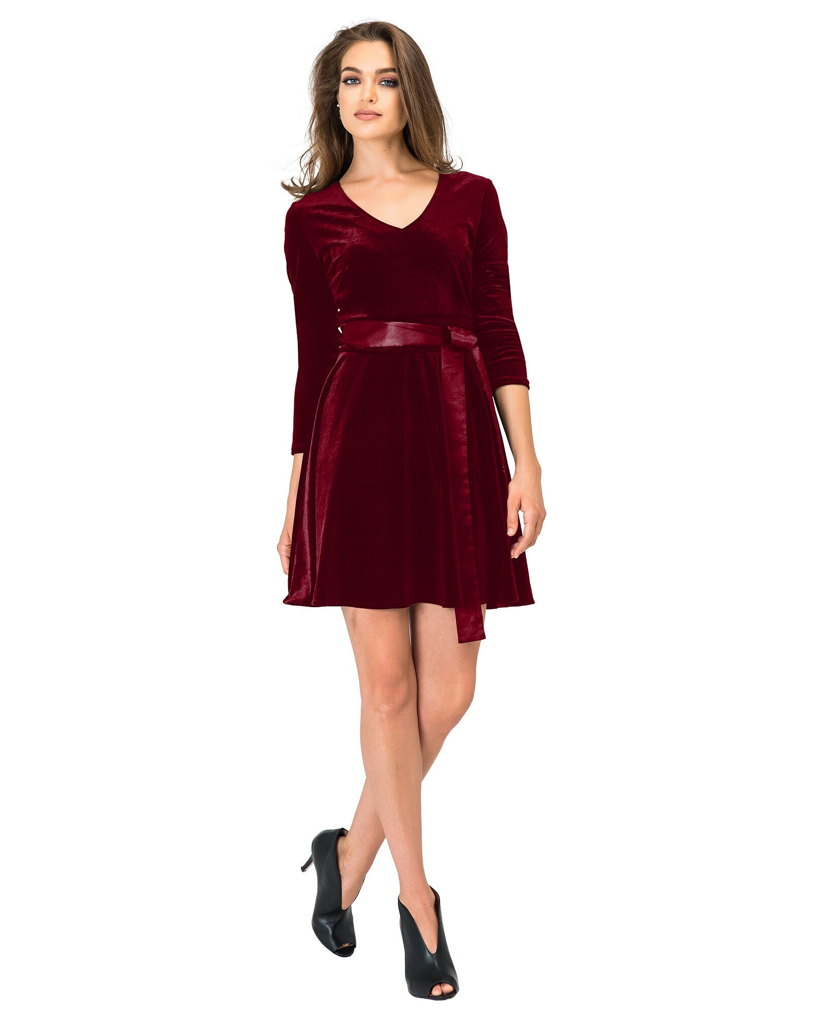Plus Size Millie Stretch Velvet V-Neck Aline Dress With Satin Belt, , alternate image number 5