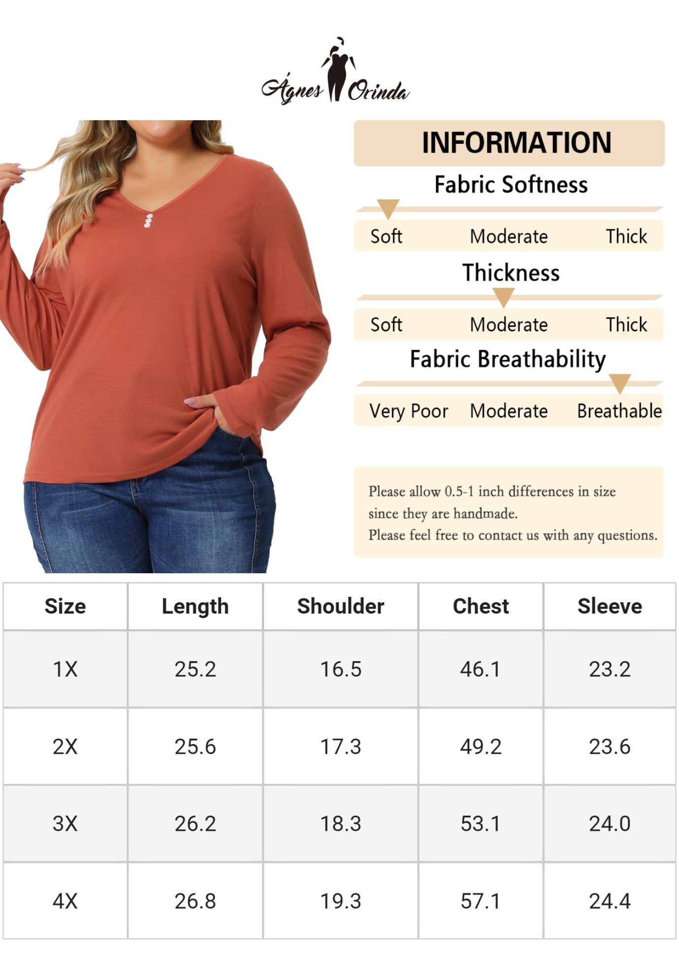 Casual Top Button Front Long Sleeve Tee, Orange / Orange, alternate image number 4