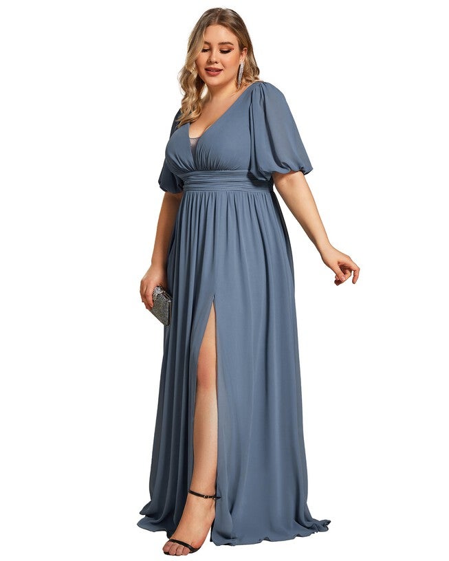 Chiffon Illusion V-Neck Flutter Sleeve Front Slit Evening Dress, Dusty Navy / Dusty Blue, alternate image number 3