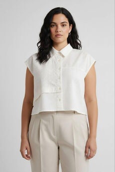 Oversized Embroidered Panel Crop Top in White