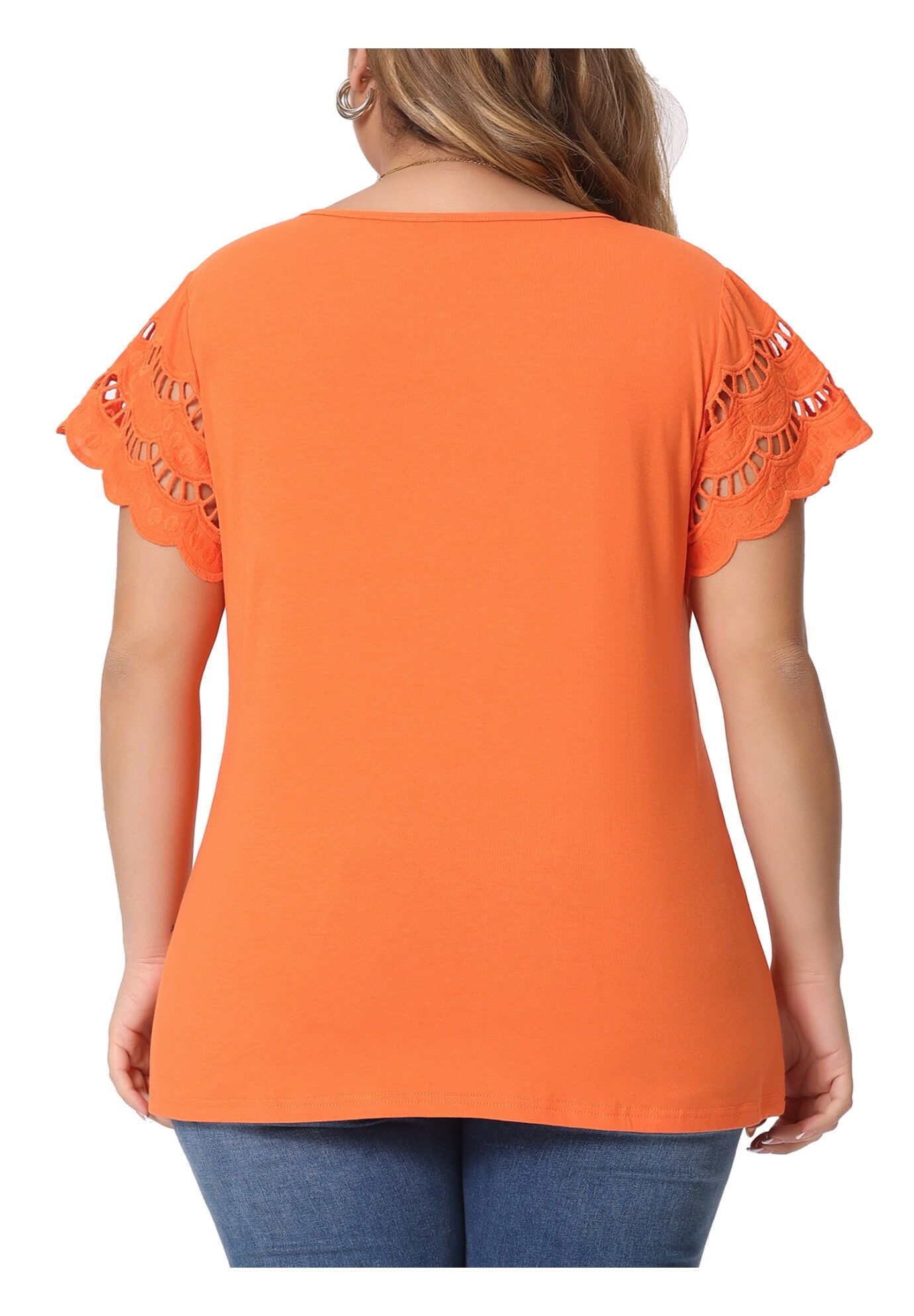Lace Panel Hollow Short Sleeve Summer Blouse, Orange / Orange, alternate image number 3