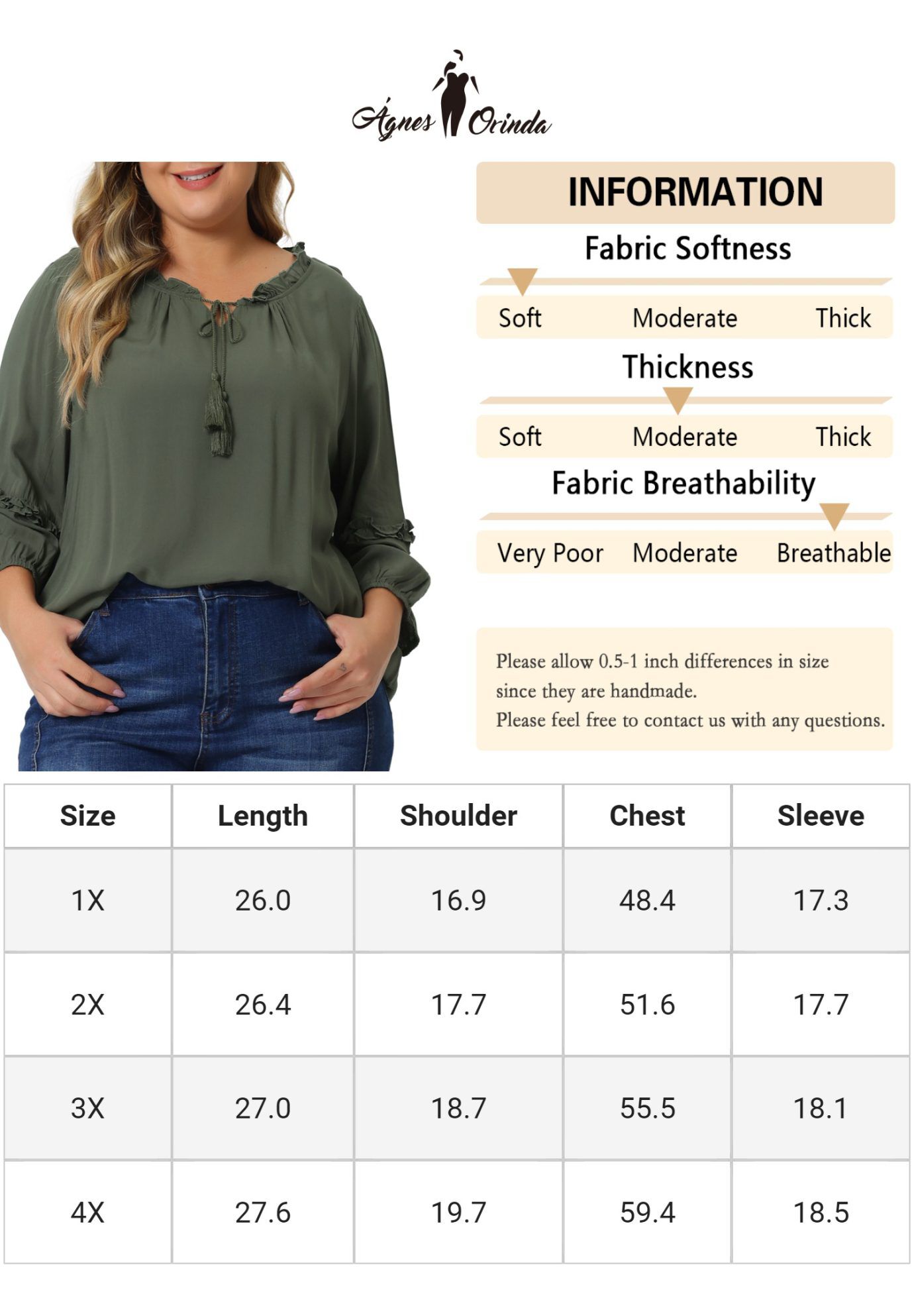 TIE NECK TASSEL SELF FLUTTER 3/4 SLEEVE BLOUSE TOP, Army Green / Olive Green, alternate image number 4