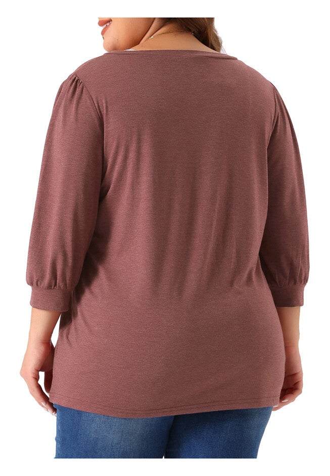 3/4 Sleeve V Neck Button Decor Blouse Shirt, Burgundy / Burgundy, alternate image number 3