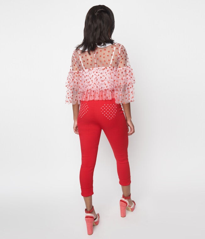 Smak Parlour Red & Polka Dot Heart Pocket Smarty Pants Capri, Red Polka Dot Heart Pocket / Red, alternate image number 1